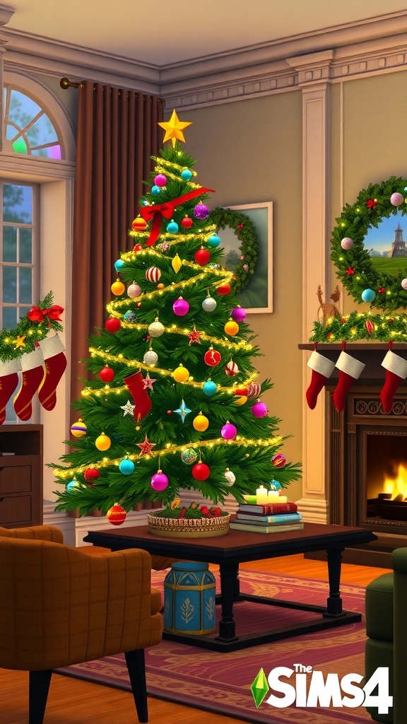 Sims 4 Christmas Ornaments Guide A Sims 4 living room with a Christmas tree, ornaments, stockings, and holiday decorations.